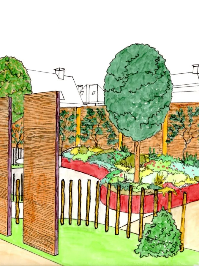 Handgetekend tuinontwerp in perspectief met borders, schuttingen en een dakboom