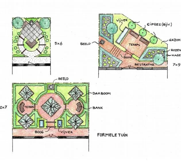 Handgetekend ontwerp van een formele tuin met vijver en dakbomen