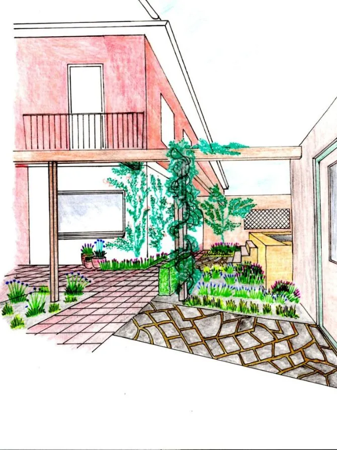 Perspectieftekening van een kleine achtertuin met borders, pergola en zitplekken